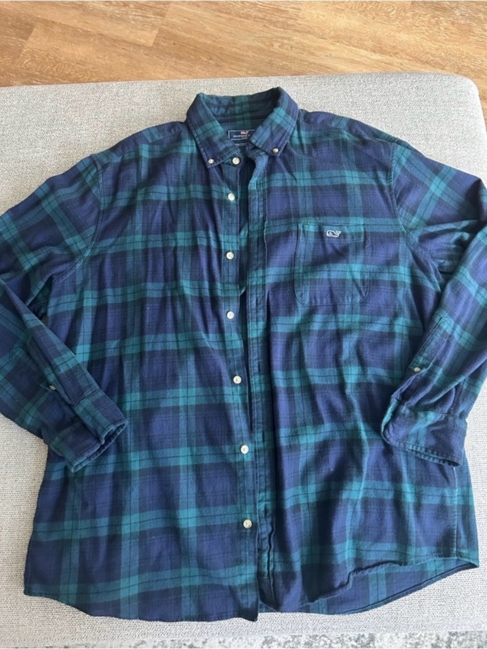 Vineyard Vines Navy and Green Plaid Button-Down Shirt